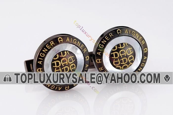 Aigner Men Vintage Black Cufflinks Round Shape Golden Logo With