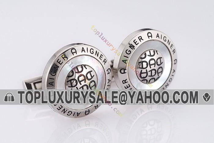 Aigner Silver Round Cufflinks A Logo Centre Adorned Pearl Wedding