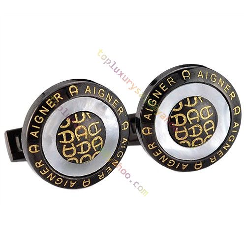 Aigner Men Vintage Black Cufflinks Round Shape Golden Logo With